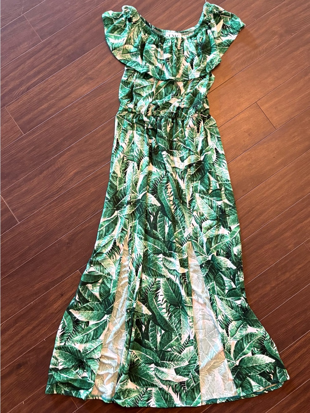 Green Leaf-Print Off-Shoulder Maxi Dress